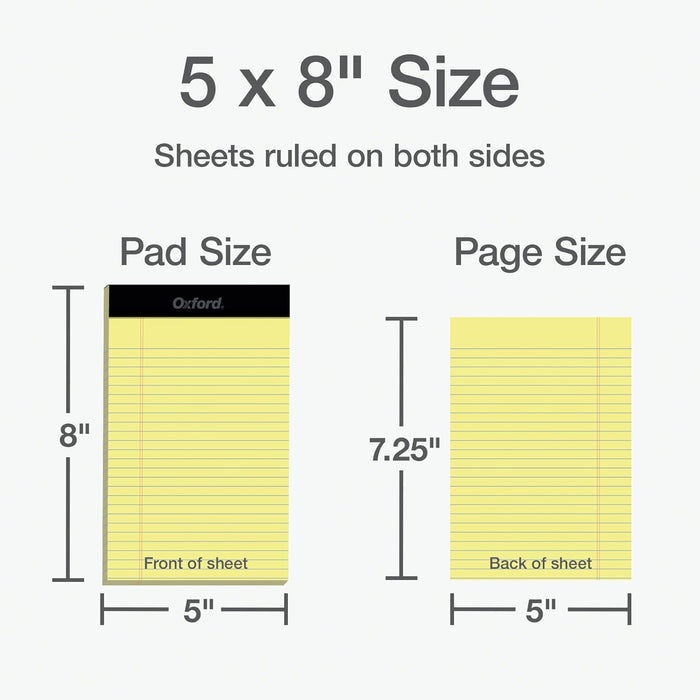 Oxford 5 x 8 Legal Pads, 12 Pack, Narrow Ruled, Perforated Canary Yellow Lined Paper, 50 Sheets Per Writing Pad, Small Notepads for Business, College & Office Use, Made in the USA (74017)