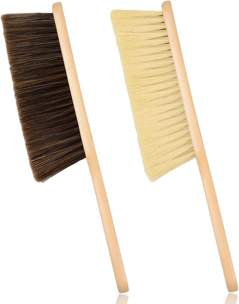 2 Pieces Woooden Dust Brush Hand Broom Bench Brush with Long Wood Handle Whisk Broom Soft Bristle Brush for Counter Bed Sofa Car Fireplace Clothes Household Cleaning(Khaki)