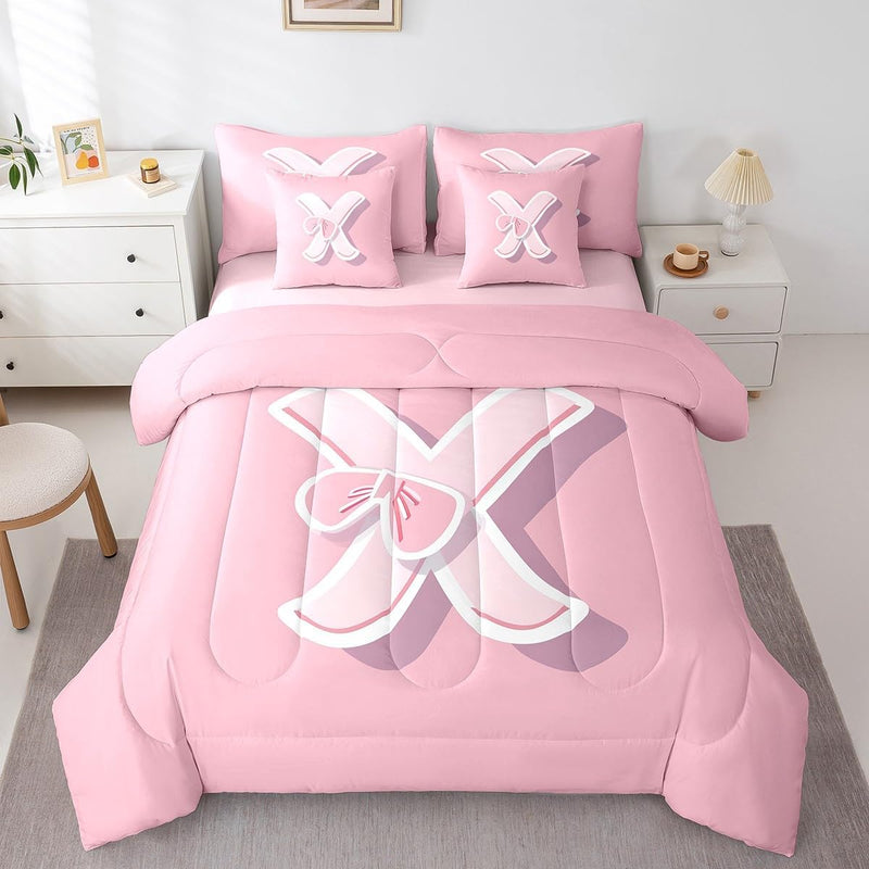 jejeloiu Dreamy Bow Bed Set, Twin Size, Decor Teen Girl Gifts Initial Letter X 7 Pieces Beeding Set, Monogrammed Ultra Soft Bed in a Bag with Comforter, Sheets, Pillowcases Kawaii Pink Fashion