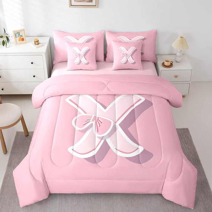 jejeloiu Dreamy Bow Bed Set, Twin Size, Decor Teen Girl Gifts Initial Letter X 7 Pieces Beeding Set, Monogrammed Ultra Soft Bed in a Bag with Comforter, Sheets, Pillowcases Kawaii Pink Fashion