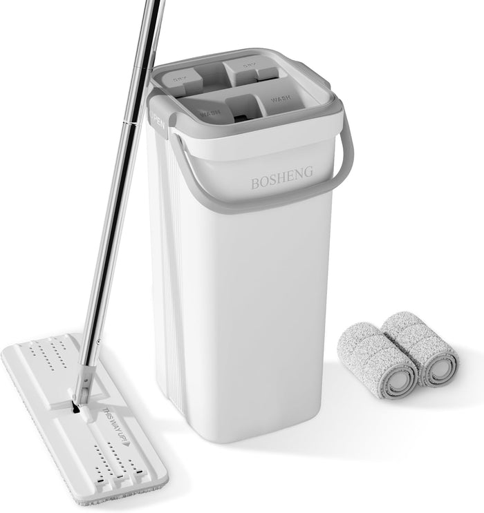 Mop and Bucket with Wringer Set, Flat Floor Mop and Bucket, with 3 Microfiber Mops for Floor Cleaning, Wet and Dry Use for Household Cleaning - White