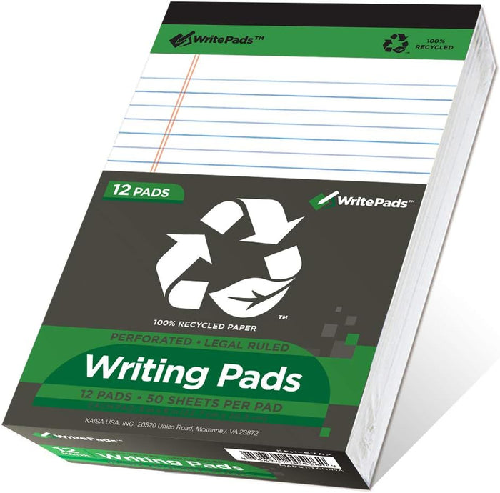 KAISA White Legal Pads 12pads Writing Pads Recycled Paper, 8.5"x11.75" Wide Ruled Perforated 50 sheets Hard Back Notepads 8-1/2"x 11-3/4" Writing Tablet Canary For Office Supplies (Pack of 12pc) KSU-5293