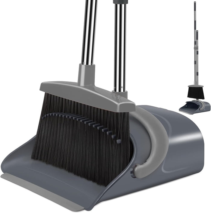 Broom and Dustpan Set for Home, Dust pan with Long Handle, Broom with Dustpan Combo Set, for Home Kitchen Room Office Lobby Floor Use Upright Stand Up Sweeping (Gray&Green)