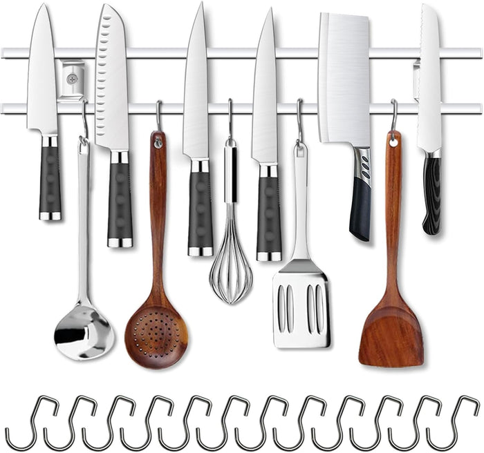 YIIYIIN 12 Pack Stainless Steel Hanging Hooks-Magnetic Knife Holder for Wall Hook-Pot Rack Hook-Hooks for Hanging Kitchen Utensils,Household Tools in Kitchen,Bedroom,Bathroom,Garden,Office