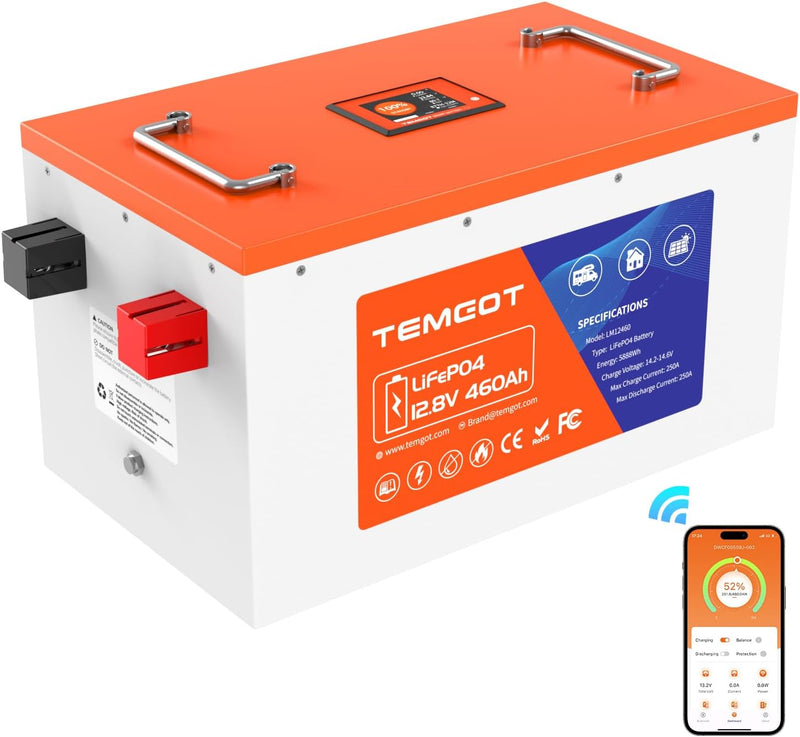 TEMGO 12V 300Ah Self-Heating LiFePO4 Lithium Battery with Smart Touch Screen & Bluetooth App, Built-in 200A BMS, 2560W Power, 5000+ Cycles, for RV, Camper, Solar, Off-Grid