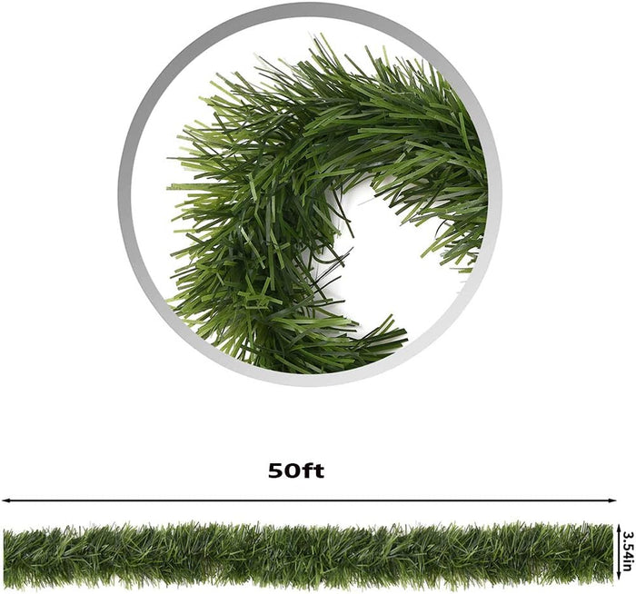 50 Feet Green Tinsel Artificial Pine Decorative Greenery Tinsel Stems Non-Lit Soft Twist Garland 12 Inch x 2Inch for Holiday Season Outdoor Indoor Party Decorations