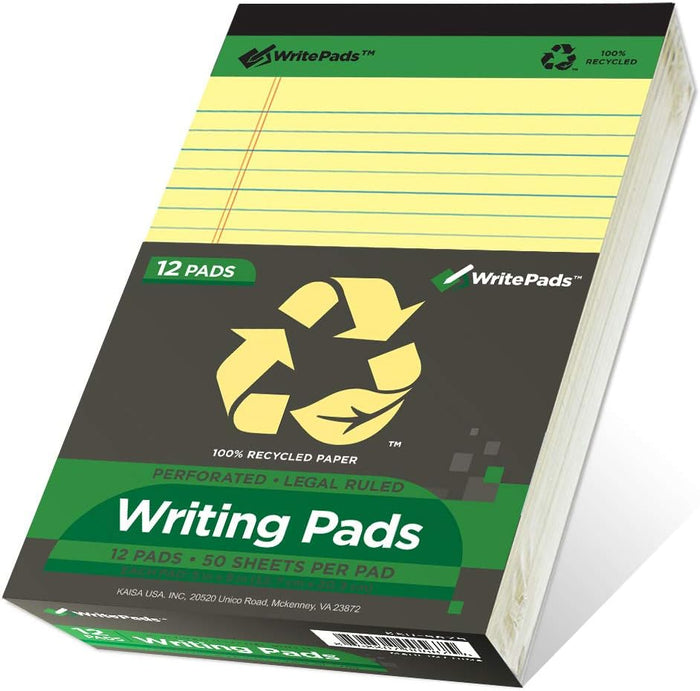 KAISA White Legal Pads 12pads Writing Pads Recycled Paper, 8.5"x11.75" Wide Ruled Perforated 50 sheets Hard Back Notepads 8-1/2"x 11-3/4" Writing Tablet Canary For Office Supplies (Pack of 12pc) KSU-5293
