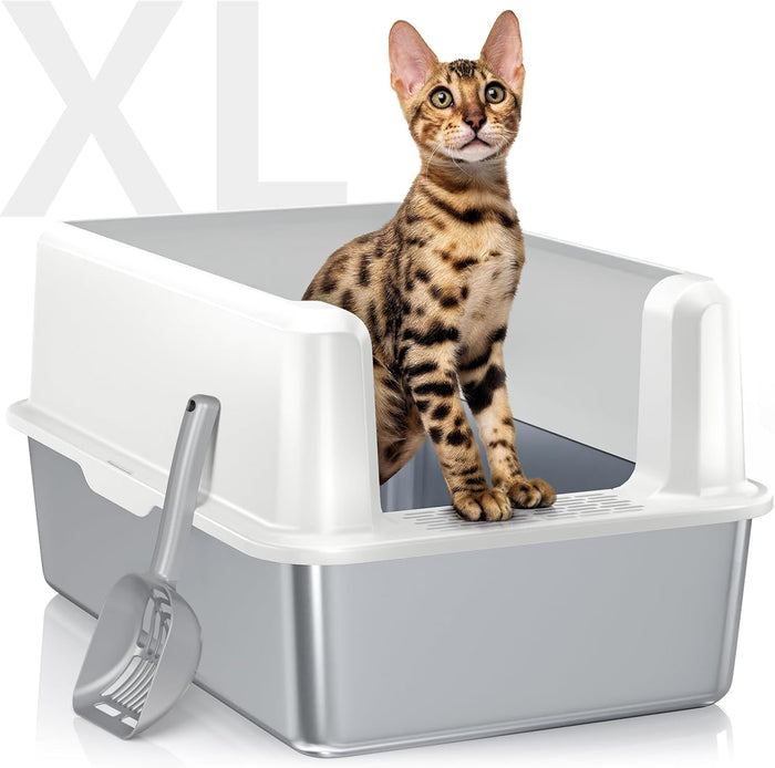 Enclosed Stainless Steel Cat Litter Box with Lid, XL Extra Large Litter Box for Big Cats, Metal Litter Pan High Sided, Never Absorbs Odors, Anti-Urine Leakage, Easy Cleaning, Include Scoop