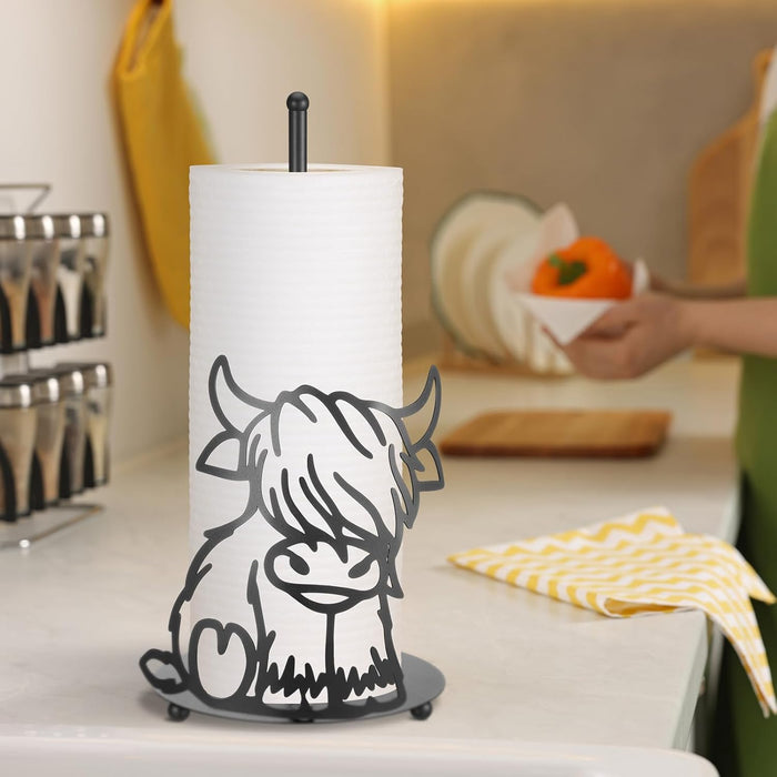 Shimeyao Highland Cow Metal Paper Towel Holder Farmhouse Highland Cow Kitchen Decor Accessories Large Metal Towel Holder Stand for Kitchen Bathroom Home (Stylish)