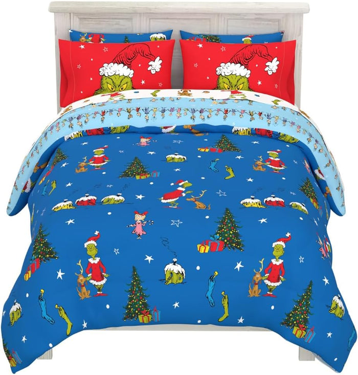 Franco Grinch by Dr. Seuss Holiday & Christmas Bedding Super Soft Comforter and Sheet Set with Sham, 7 Piece King Size (Official Dr. Seuss Product)