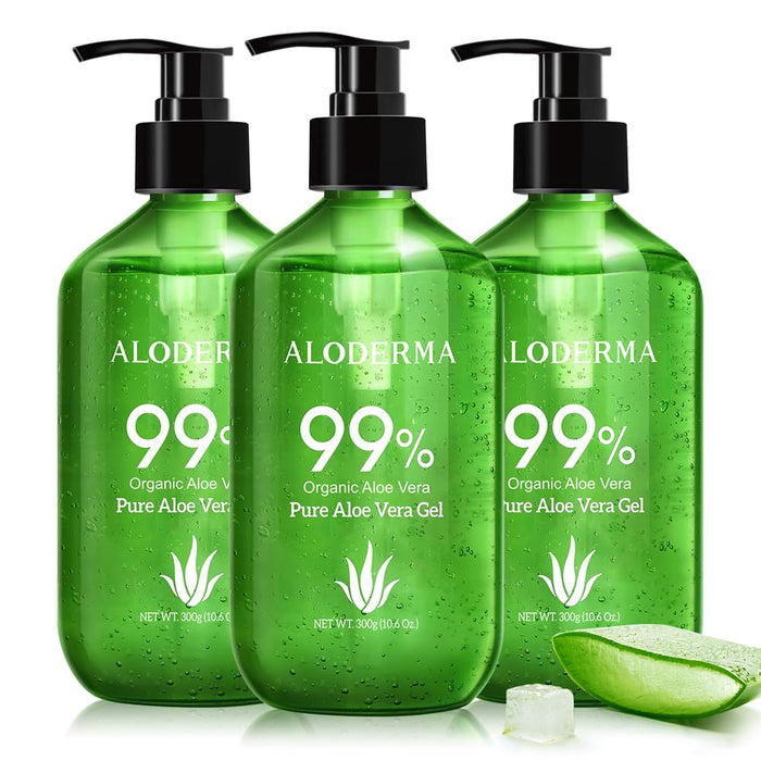 Aloderma 99% Organic Aloe Vera Gel Made within 12 Hours of Harvest - Lightweight, Non-Sticky Aloe Gel for Face Body, Hair, & Scalp, After Sun Relief, Natural, Soothing Hydrating Aloe Gel, 10.6oz