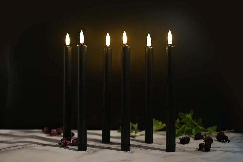 Black Flameless Taper Candles with Remote - 10 Inch LED Candlesticks Flickering, Realistic 3D Flame with Wick, Warm White Light, Home Halloween Decor, Automatic Timer - Set of 6