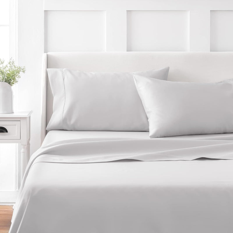 MARTHA STEWART 100% Cotton Queen Sheet Set - 4 Piece, Soft, Smooth, Durable, Easy Care, 16" Deep Pocket Sheets, Bedding Sheets, Sateen Sheet, 1 Flat, 1 Fitted, 2 Pillowcases, White