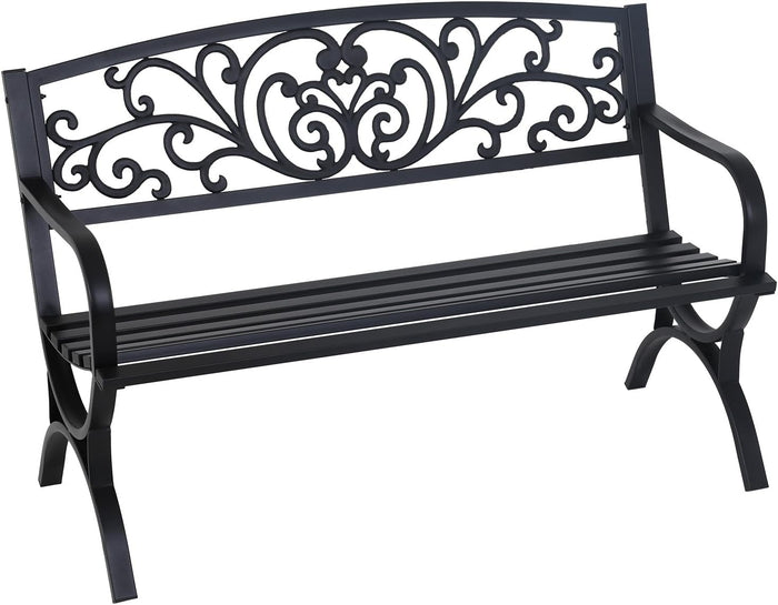 Garden Bench,Outdoor Benches,Iron Steel Frame Patio Bench with Mesh Pattern and Plastic Backrest Armrests for Lawn Yard Porch Work Entryway,Black