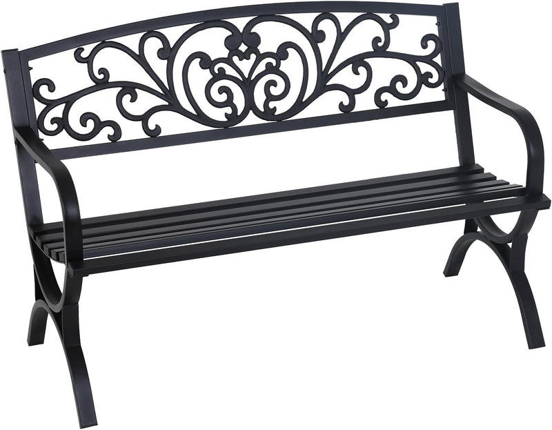 Garden Bench,Outdoor Benches,Iron Steel Frame Patio Bench with Mesh Pattern and Plastic Backrest Armrests for Lawn Yard Porch Work Entryway,Black
