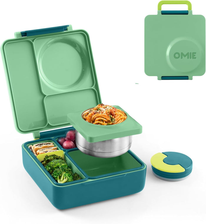 OmieBox Bento Box for Kids - Insulated Bento Lunch Box with Leak Proof Vacuum Insulated Food Jar - 3 Compartments, Two Temperature Zones (Blue Sky)