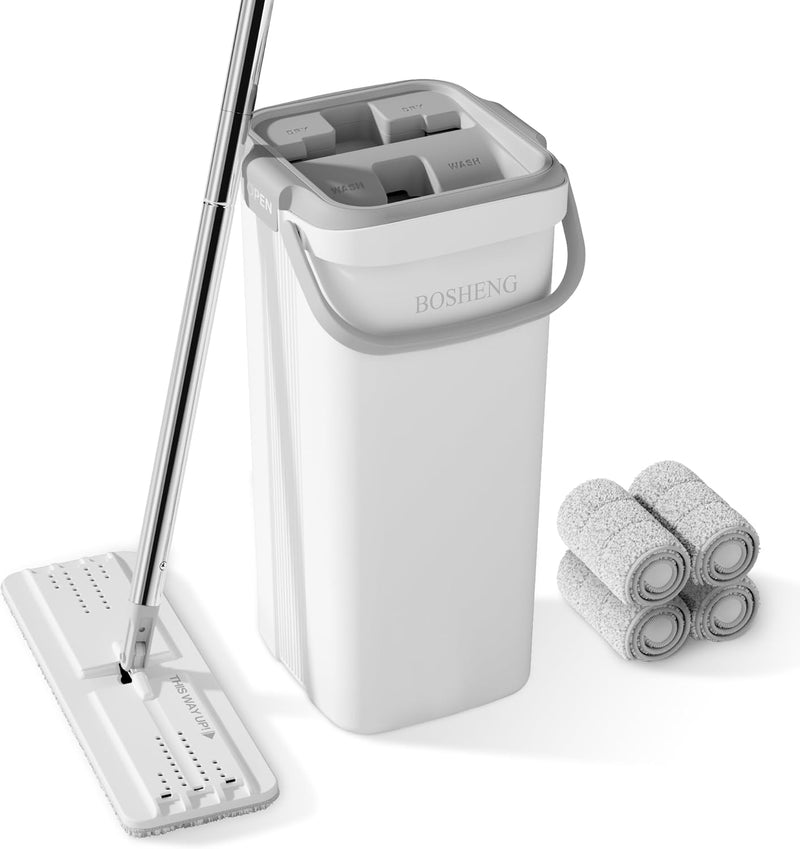 Mop and Bucket with Wringer Set, Flat Floor Mop and Bucket, with 3 Microfiber Mops for Floor Cleaning, Wet and Dry Use for Household Cleaning - White