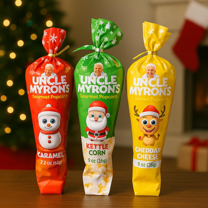 Uncle Myron’s Holiday Popcorn Cones Variety Pack (12 Pack) – Caramel, Cheddar Cheese & Kettle Corn – Christmas Gift Set, Individually Wrapped Festive Cones, Gourmet Popcorn Snacks for Kids, Parties & Stocking Stuffers