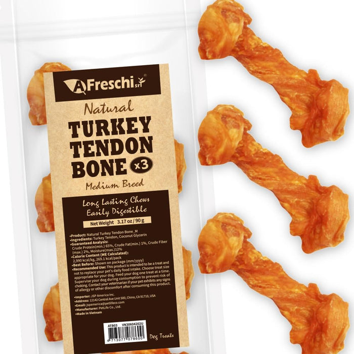 AFreschi Turkey Tendons for Dogs, USA-Sourced, Healthy Dog Treats, Rawhide-Free Puppy Chews, Long Lasting, All Natural, Hypoallergenic Dog Treats for Medium Breeds, 20 Count Box Ring (M)