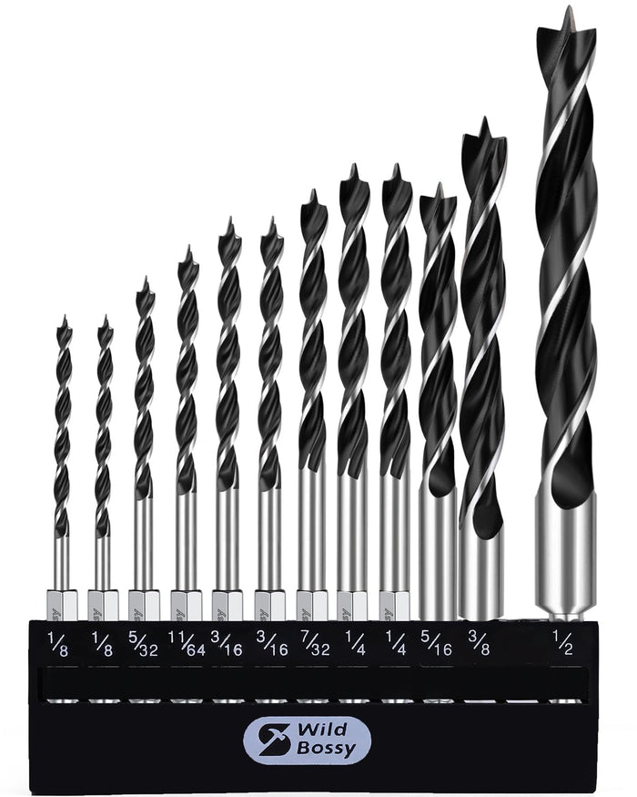 Brad Point Drill Bit Set 12Pcs (1/8" - 1/2"), Wood Drill Bit Set with Double Flutes Design for Hardwood, Plywood, Plastic Round Holes in All Types of Wood