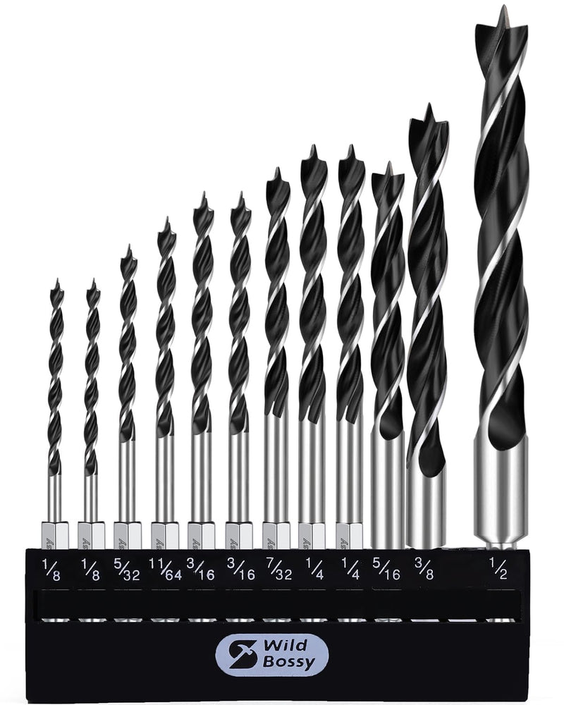 Brad Point Drill Bit Set 12Pcs (1/8" - 1/2"), Wood Drill Bit Set with Double Flutes Design for Hardwood, Plywood, Plastic Round Holes in All Types of Wood