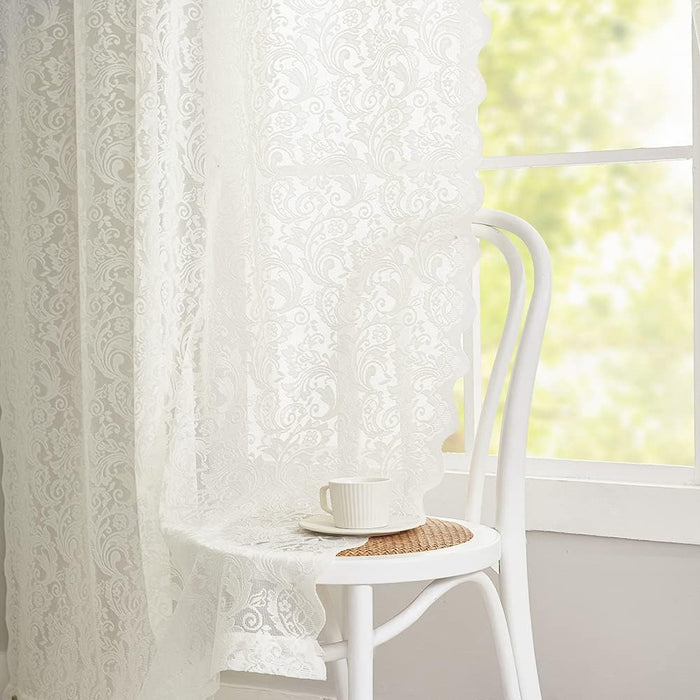 ALIGOGO Burgundy Curtains 84 Inches Long 2 Panels, Cottage Lace Sheer Maroon Curtains for Living Room, Farmhouse Rod Pocket Privacy Floral Scalloped Edges Burgundy Drapes, 52W x 84L Inch