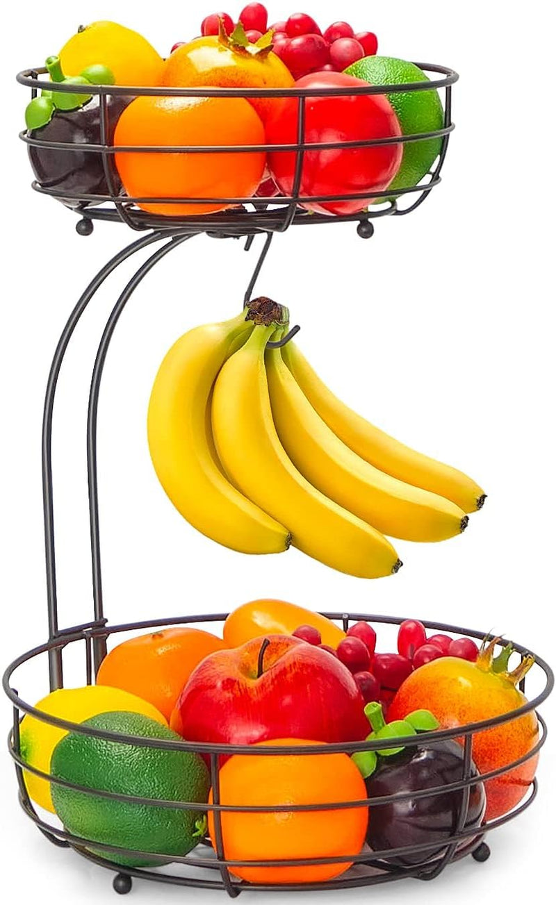 Auledio Iron 2-Tier Countertop Fruit Vegetables Basket Bowl Storage With Banana Hanger, Black, 64 ounces