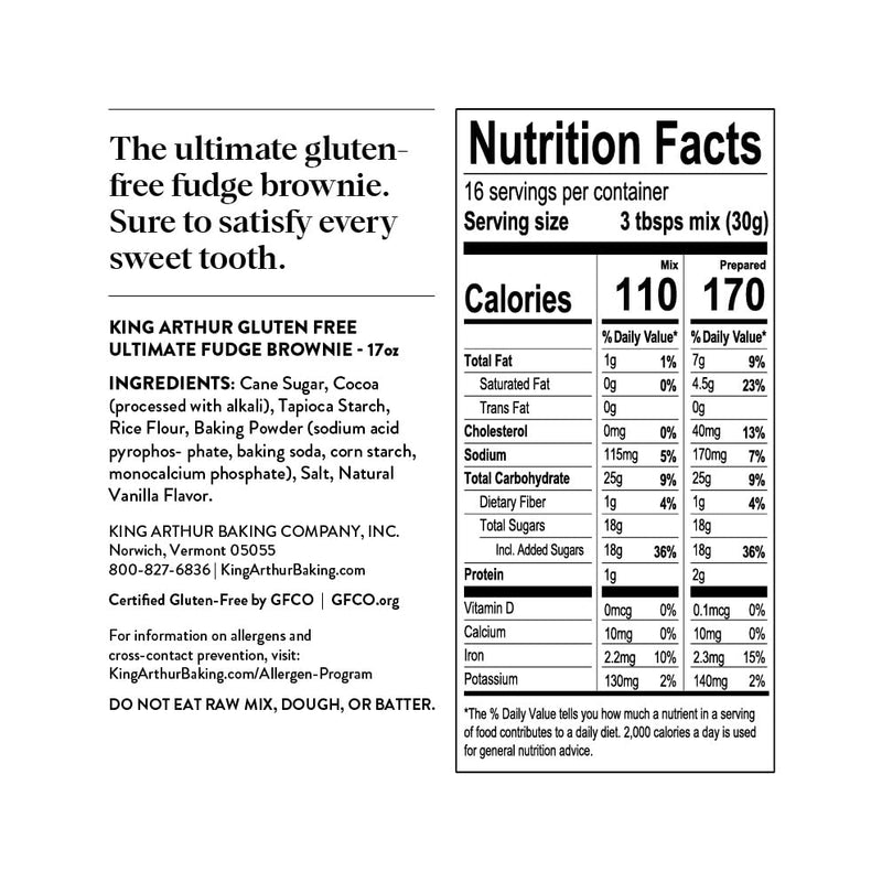 King Arthur Gluten Free Fudge Brownie Mix: Rich, Chocolatey Dessert for Celiac and Non-GMO Diets - Certified Kosher Baking Mix, Easy to Prepare, 17 oz Box for Delicious Homemade Brownies