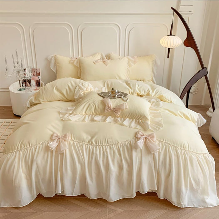 Ruffled Bedding Bow Duvet Cover Set with Butterfly Tie, Full Comforter Cover Set, Shabby Chic Bedding Set,Romantic French Princess Style -Yellow,Full