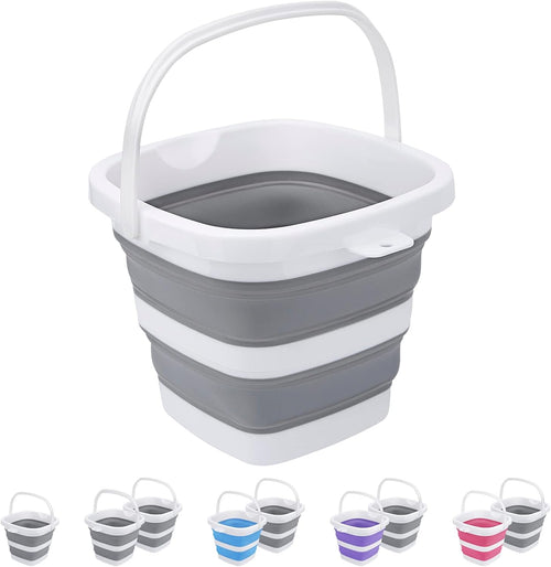 2 Pack Collapsible Buckets 5L 1.3Gallon Small Cleaning Bucket for Household Portable Plastic Bucket Outdoor Car Washing Tub Foldable Camping Beach Sand Water Pot Pail Space Saving Square Grey and Pink