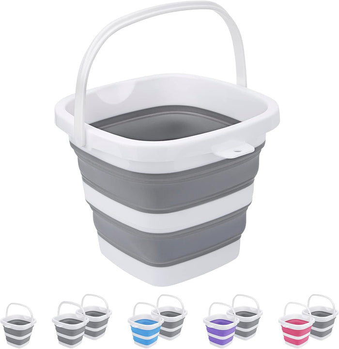 2 Pack Collapsible Buckets 5L 1.3Gallon Small Cleaning Bucket for Household Portable Plastic Bucket Outdoor Car Washing Tub Foldable Camping Beach Sand Water Pot Pail Space Saving Square Grey and Blue