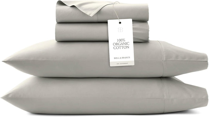 BOLL & BRANCH Percale Hemmed Sheet Set - Cooling Breathable Bed Sheets for Hot Sleepers - King + Standard, Pewter - Luxury 100% Organic Cotton - 1 Flat, 1 Fitted, 2 Standard Size Pillowcases