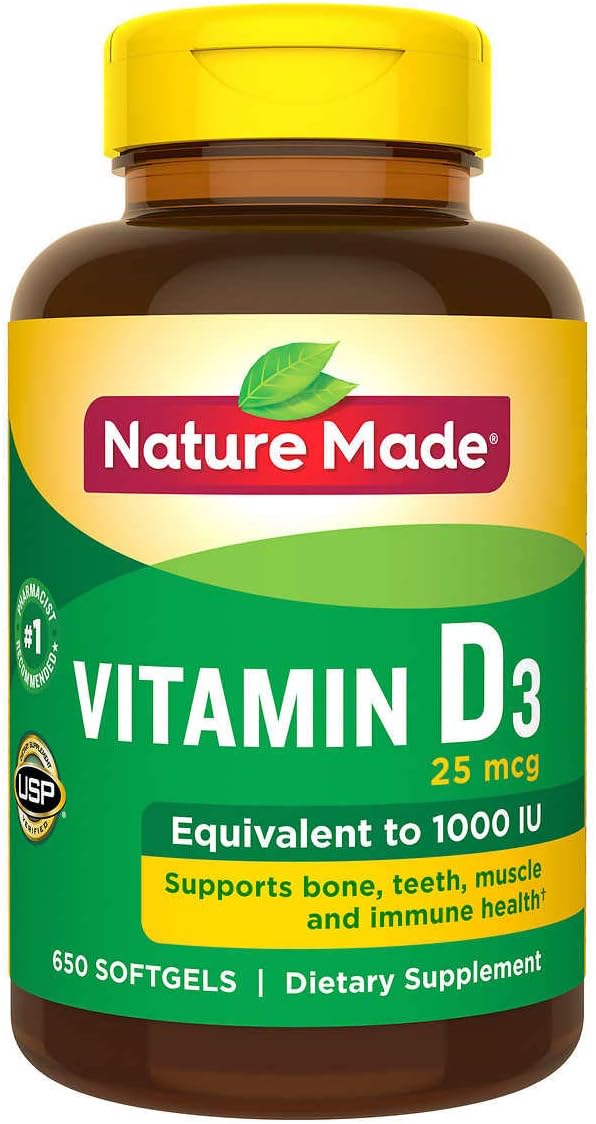 Nature Made Vitamin D3 1000 IU (25 mcg), Vitamin D Supplement for Bone, Teeth, Muscle and Immune Health Support, 300 Softgels, 300 Day Supply