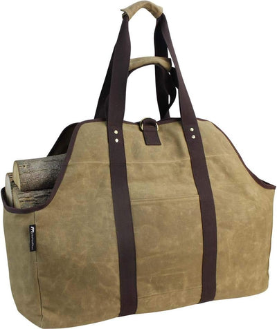 Waxed Canvas Log Carrier Tote Bag, Extra Large Durable Firewood Holder with Handles and Shoulder Strap, Heavy Duty Wood Carrying Bag for Fireplaces & Wood Stoves Khaki