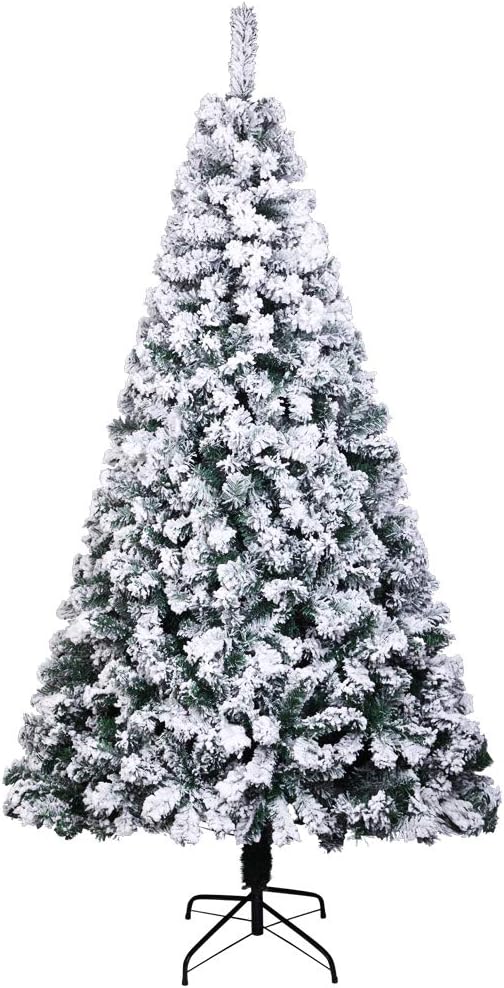 Bonnlo 7.5 ft Unlit Snow Flocked Hinged Artificial Christmas Pine Tree Full 1450 Tips Branch w/Sturdy Metal Stand for Holiday Xmas Indoor and Outdoor Decoration