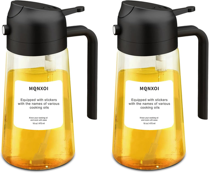 2 in 1 Glass Oil Sprayer & Dispenser,16oz/470ml Olive Cooking, Air Fryer, and Salad, for Kitchen Gadgets and Air Fryer Accessories, w/Stickers (Black)