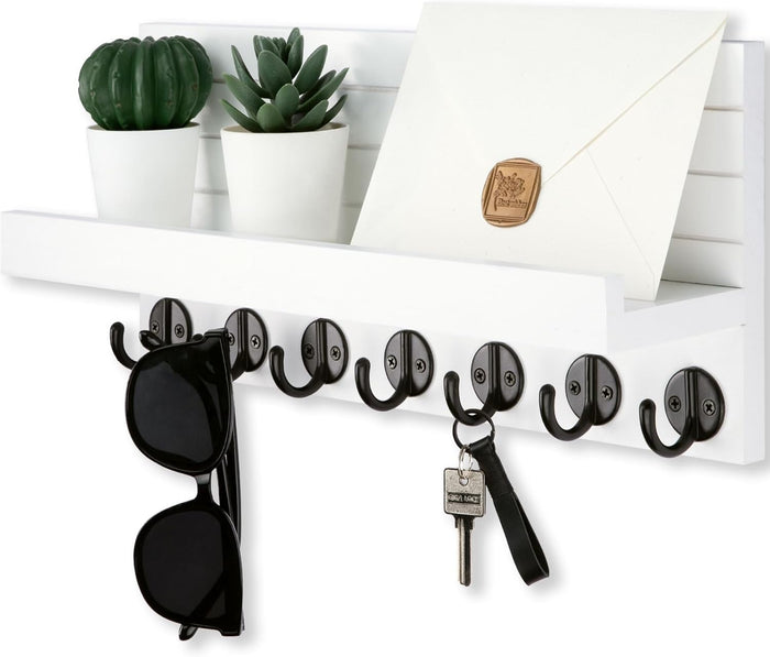 Key Holder Wall Mount, Entryway Key and Mail Holder with 7 Sturdy Hooks for Sunglasses, Dog Leash, Decorative Wall Shelf with Mounting Hardware, 15”W x 6.7”H x 4.2”D