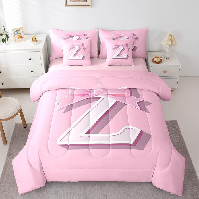 jejeloiu Dreamy Bow Bed Set, Personalized Teen Girl Gifts,Twin Size, Decor Initial Letter Z 7 Pieces Beeding Set, Monogrammed Ultra Soft Bed in a Bag with Comforter, Sheets, Pillowcases Kawaii