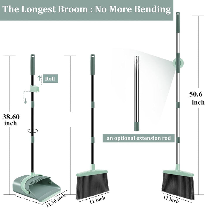 Broom and Dustpan Set for Home, Dust pan with Long Handle, Broom with Dustpan Combo Set, for Home Kitchen Room Office Lobby Floor Use Upright Stand Up Sweeping (Gray&Green)