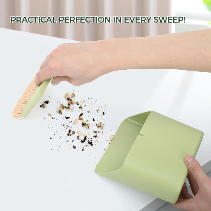 Small Broom and Dustpan Set, Portable Hand Whisk Broom Brush, Mini Hanging Trash Can, Soft Bristle Household Brooms with Dust Pan Combo Set for Cleaning Home, Desktops - 2 Pack (Green+Orange)