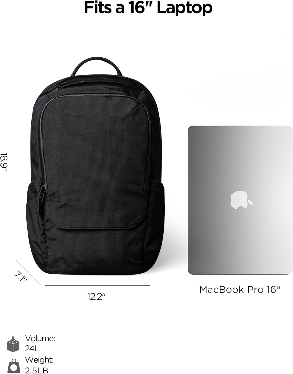 ALPAKA Elements Backpack Pro 24L - Black Laptop Backpack Fits 16'' Laptop with Dual Bottle Pockets, Travel Backpack for Men, Weather-Resistant 400D Axoflux Fabric for Business or College