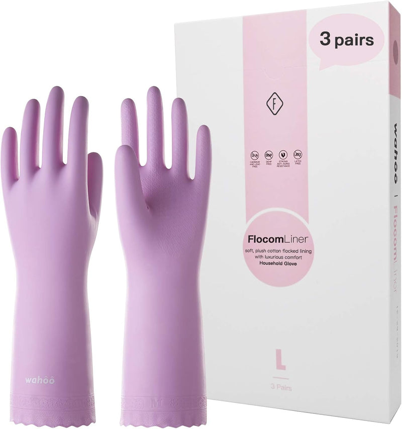 LANON 3 Pairs wahoo Skin-Friendly Cleaning Gloves, Dishwashing Kitchen Gloves with Cotton Flocked Liner, Reusable, Non-Slip, Canary Green, Small