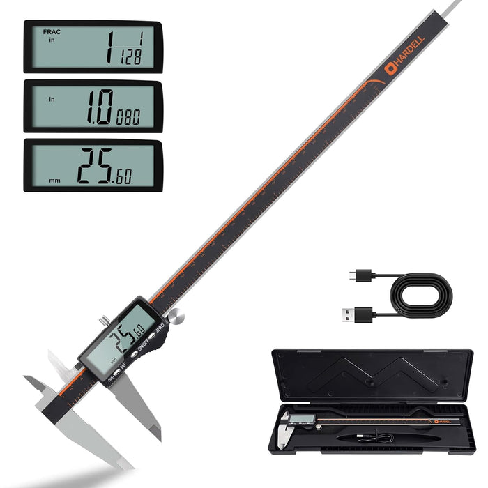 HARDELL Digital Caliper, Rechargeable Calipers with Large LCD Screen, Stainless Steel Caliper Measuring Tool, Auto-Off Micrometer, Inch/MM/Fraction for DIY/Household/3D-printing