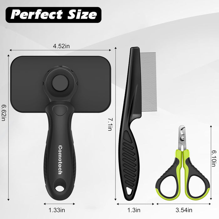 Comotech 3PCS Cat Grooming Supplies,Cat Brush & Nail Clipper/Trimmer & Flea Comb for Shedding Indoor Cats Dogs and Small Animals - Meet All Your Pet's Daily Grooming Needs - All in One Set (Black)