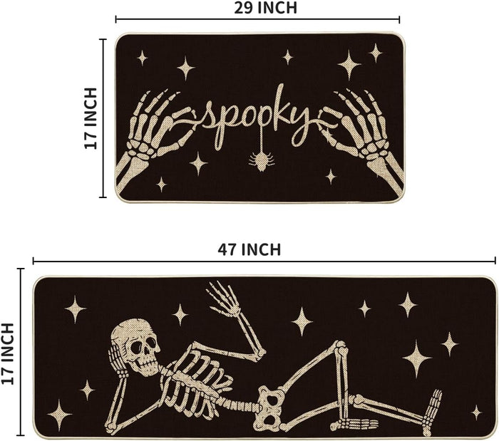 Artoid Mode Spooky Skeleton Spider Bone Black Halloween Kitchen Mats Set of 2, Black Home Decor Low-Profile Kitchen Rugs for Floor - 17x29 and 17x47 Inch