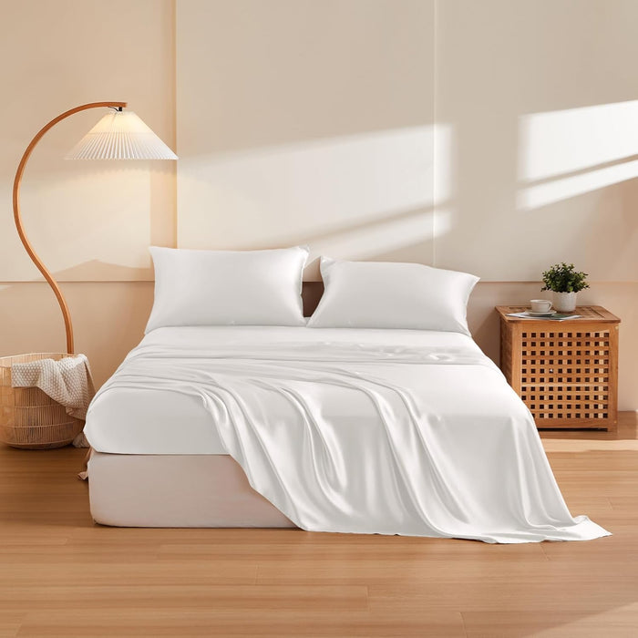 THXSILK Silk Sheet Set 4Pcs, 6A+ Top Grade 100% Natural Mulberry Silk Bed Sheets Luxury Bedding Sets Ultra Soft Durable, 1 Fitted Sheet, 1 Flat Sheet and 2 Pillow Shams (Queen, Pearl White)
