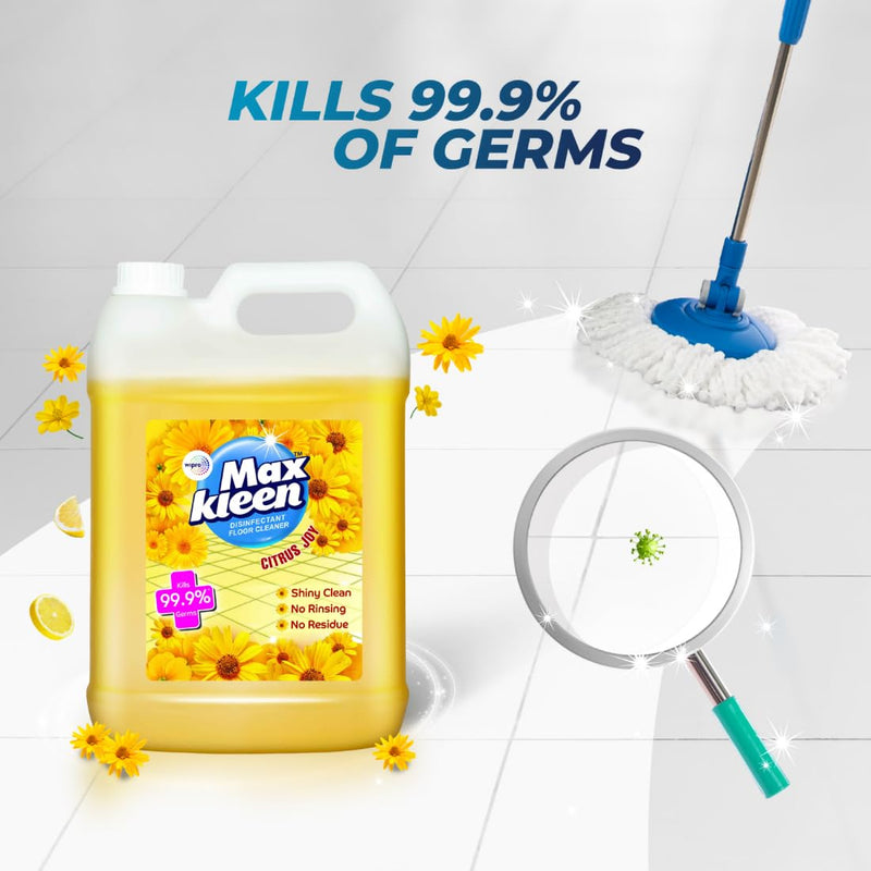 Wipro Maxkleen Citrus Joy Floor Cleaning Liquid 5Ltr| Refill Pack |Disinfectant Floor Cleaner with 99.99% Germ Protection| All Purpose Tile, Floor & Wall Cleaner.