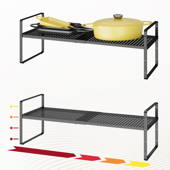 16.5~27.1" Expandable Shelf Organizer, 2Pack 8.1" Wide Stackable Cabinet Shelf Organizers, White Metal Sturdy Kitchen Counter Storage for Countertop, Adjustable Height Spice Rack