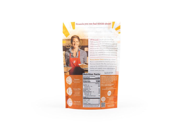 Liv Gourmet Peanut Butter Cacao Granola - 8oz (Pack of 2) | Healthy, Nutrient-Dense Snack, Breakfast Cereal | 1:1 Nut-to-Oat Ratio | Non-GMO, Low Sugar, Vegan | Organic Oats, No Artificial Ingredients, No Seed Oils, Lightly Sweetened, Women-Owned