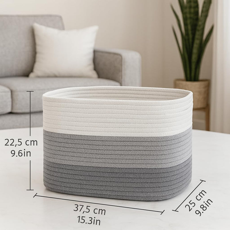 Basket, Set of 2 Medium Cotton Rope 15.3"x 9.8"x9.6" Woven Storage Basket for Baby Laundry, Blankets & Toys, Deco Rope Basket with Side Handle Slots for Nursery, Bedroom & Home Organization - Set of 2